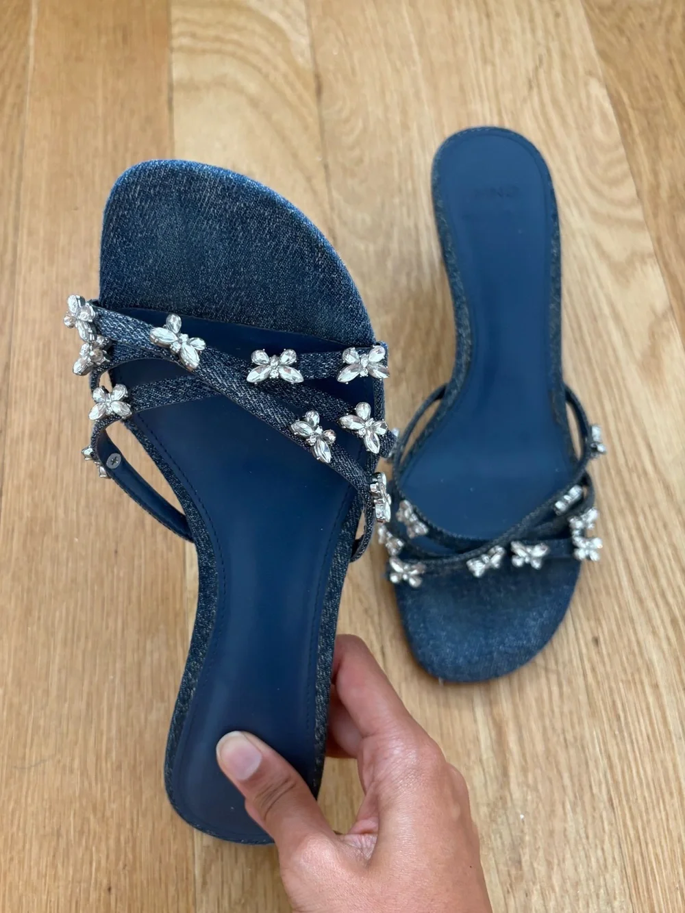 Mango Rhinestone Denim Kitten Heel Sandals Amina Muaddi Style Size 7.5